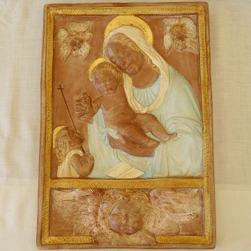 Madonna con bambino e testa di angelo con manto celeste