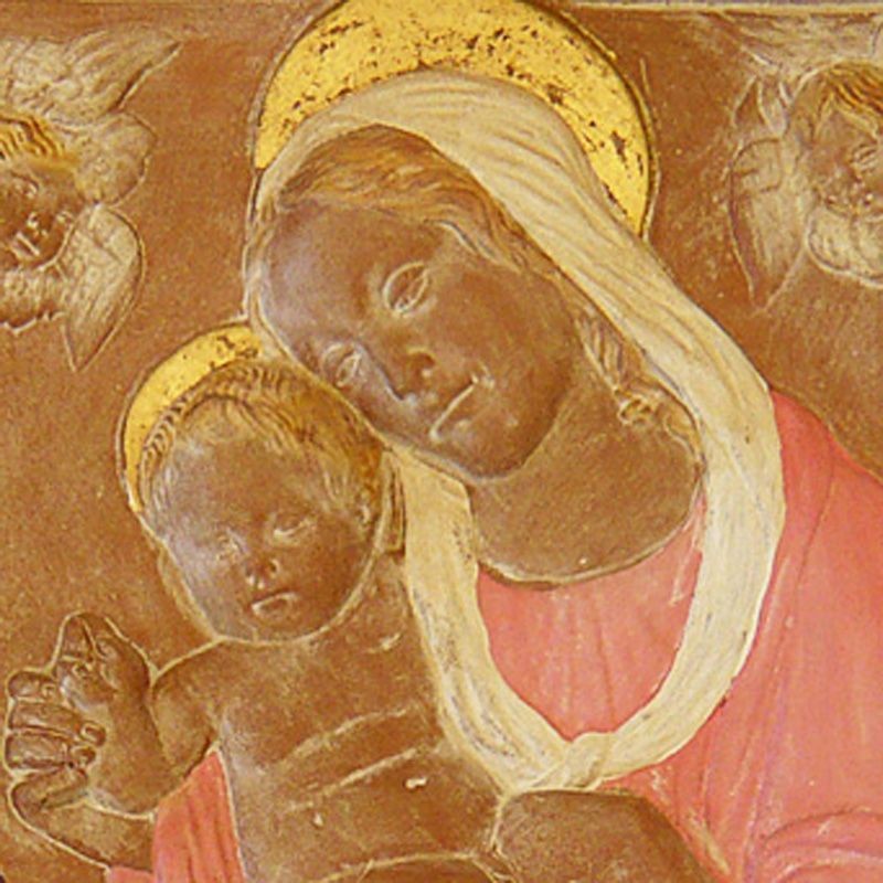 Madonna con bambino e testa di angelo con manto rosa